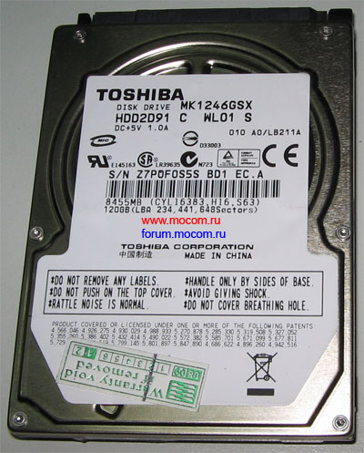 HDD Toshiba SATA 120Gb MK1246GSX, Z7P0F0S5S BD1
